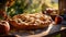 Rustic homemade apple pie on a wooden table in the sunshine in the morning. Generative Ai