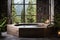 Rustic hot tub with a large window overlooking the green garden in the hotel wellness center