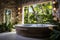 Rustic hot tub with a large window overlooking the green garden in the hotel wellness center