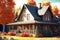 rustic house in american style house exterior with ious veranda along wall against background of autumn forest
