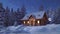 Rustic house decorated for Xmas at snowfall night