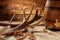 Rustic house decoration of antler and barrel