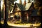 rustic houses in classic style house exterior of beaful dark wood against background of forest
