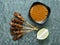 Rustic indonesian satay meat skewer