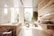 Rustic interior design of modern bathroom with wooden wall and bathtub decorated with solid wood slab. Created with generative AI