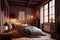 Rustic interior of log cabin bedroom in chalet stile. Double bed by big window. AI Generated