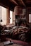 Rustic interior of log cabin bedroom in chalet stile. Double bed by big window. AI Generated