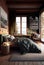 Rustic interior of log cabin bedroom in chalet stile. Double bed by big window. AI Generated