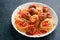 Rustic italian american meatball spaghetti tomato sauce