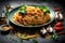 A rustic Italian pasta dish, spaghetti aglio e olio, with garlic, chili flakes, and fresh parsley