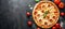 Rustic italian pizza on black background with tomato, cheese, and space for text