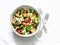 Rustic italian salad with fresh tomatoes, crispy ciabatta, mozzarella cheese, green salad with olive oil, mustard, lemon dressing