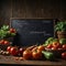 A rustic kitchen scene with fresh vegetables including tomatoes, cucumbers, and greens on a wooden table.