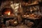 rustic kitchen scene with stone oven and bread ingredients