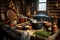 rustic kitchen setup with soup pot, wooden spoon, and spices