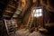 rustic ladder with cobwebs against attic hatch