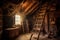 rustic ladder with cobwebs against attic hatch