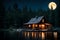 A rustic, lakeside cabin with a warm, inviting glow emanating from its windows, set against the backdrop of a luminous full moon