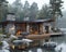 Rustic lakeside retreat with natural stone fireplace and large wooden deck.3D render