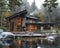 Rustic lakeside retreat with natural stone fireplace and large wooden deck.3D render