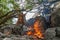 Rustic lamb barbecue bbq over open fire in Patagonia, Argentina, South America.