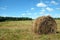 Rustic landscape with summer field with many rolled haystacks with one of it close-up