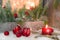 Rustic lantern with candlelights for christmas - classic in red