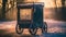 Rustic lantern illuminates abandoned antique cart at night generated by AI