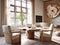 Rustic live edge dining table and chairs. Interior design of modern living room with wood paneling. Created with generative AI