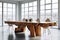 Rustic live edge dining table made from wooden logs. Interior design of modern dining room. Created with generative AI