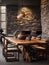 Rustic live edge dining table made from wooden slab and logs. Interior design of modern dining room