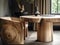 Rustic live edge dining table and solid wood armchair close up. Organic interior design of modern living room in farmhouse.