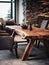 Rustic live edge dining table and solid wood armchair close up. Organic interior design of modern living room in farmhouse