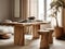 Rustic live edge dining table and solid wood stools close up. Organic interior design of modern living room in farmhouse. Created