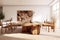 Rustic live edge dining table and wooden chairs. Interior design of modern dining room in country house. Created with generative