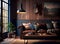 rustic living room with wood panel walls and a large industrial-style pendant lamp (AIgen)