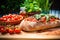 rustic loaf of bread, fresh tomatoes, and sprigs of basil, with a platter of bruschetta in the background