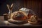 Rustic loaves of bread placed on black wooden background.