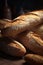 Rustic loaves of crusty French bread baguettes.