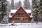 rustic lodge in the snow, framed by pine trees