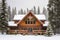 rustic lodge in the snow, framed by pine trees