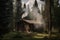 rustic log cabin surrounded by towering trees, with smoke from the chimney curling into the sky