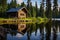 rustic log cabin by a tranquil lakeside