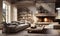 Rustic Lounge with Fireplace and Mountainous Backdrop