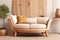 Rustic Loveseat Sofa and Stump Side Table with Unique Wooden Cut Decor: A Charming Arrangement.