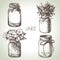 Rustic, mason and canning jars hand drawn set. Sketch design elements. Vector illustrations