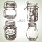Rustic, mason and canning jars hand drawn set. Sketch design elements. Vector illustrations
