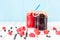 Rustic Mason Jars with raspberry jam and bog
