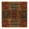 Rustic mat, rug, plaid, carpet with grunge rough square elements applique to cloth in orange, yellow, green colors on black