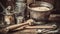 Rustic metal kitchen utensil equipment on old fashioned wooden table generated by AI